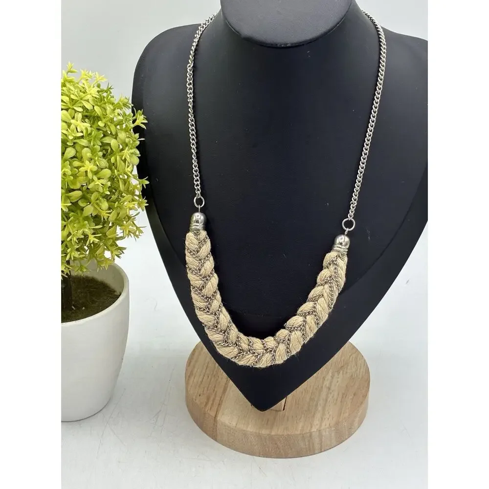 Vintage Braided Rope Chain Statement Necklace Silver Tone Boho 16 Inch